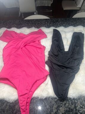 Women's Off-Shoulder Bodysuit — Hot Pink & Black. Set of 2. ( one is new)